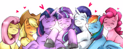 Size: 3851x1557 | Tagged: safe, artist:chinmissouri, applejack, fluttershy, pinkie pie, rainbow dash, rarity, starlight glimmer, twilight sparkle, alicorn, earth pony, pegasus, pony, unicorn, g4, cowboy hat, eyes closed, floating heart, hat, heart, mane six, open mouth, simple background, twilight sparkle (alicorn), white background