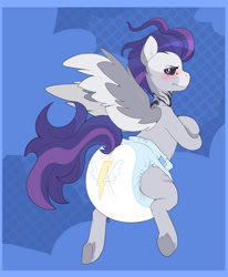 Size: 1584x1920 | Tagged: safe, artist:cuddlehooves, oc, oc only, oc:dread, pegasus, pony, :t, adult diaper, black sclera, blue background, blushing, crossed arms, diaper, diaper fetish, diapered, fetish, impossibly large diaper, male, non-baby in diaper, poofy diaper, simple background, solo, stallion, white diaper