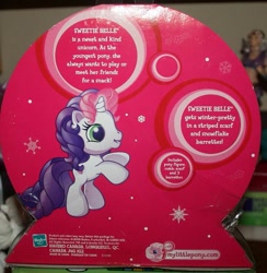 Size: 731x750 | Tagged: safe, sweetie belle (g3), pony, unicorn, g3, g3.5, box, female, filly, foal, hasbro, hasbro logo, logo, merchandise, rearing, snow, snowflake, solo, text