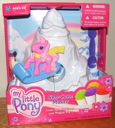 Size: 511x569 | Tagged: safe, photographer:tradertif, pinkie pie (g3), earth pony, pony, g3, box, clothes, female, hasbro, hasbro logo, logo, mare, merchandise, mountain, my little pony logo, rainbow, scarf, sled, sledding, snow cone, solo, spoon