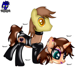 Size: 4608x4154 | Tagged: safe, artist:damlanil, oc, oc:chloe adore, oc:ferb fletcher, pegasus, pony, unicorn, bdsm, bodysuit, boots, bound wings, clothes, collar, commission, costume, disguise, dominant, duo, eyeshadow, female, gloves, high heel boots, high heels, horn, latex, latex boots, latex gloves, latex socks, latex suit, leotard, lipstick, makeup, male, mare, mask, masking, ponysuit, raised hoof, rubber, rubber suit, shiny, shoes, show accurate, simple background, skintight clothes, socks, stallion, suit, transparent background, vector, wings