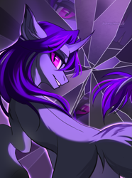 Size: 2483x3344 | Tagged: safe, artist:chamommile, oc, oc only, oc:enderbee, pony, unicorn, commission, ear fluff, glass, grey skin, high res, horn, long hair, looking at you, ponytail, purple eyes, purple hair, smiling, smiling at you, solo, trade, unicorn oc