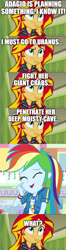 Size: 500x1883 | Tagged: safe, edit, edited screencap, screencap, rainbow dash, sunset shimmer, equestria girls, g4, my little pony equestria girls: better together, comic, confused, implied adagio dazzle, innuendo, laughing, screencap comic