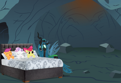 Size: 1599x1099 | Tagged: artist needed, safe, apple bloom, queen chrysalis, scootaloo, sweetie belle, changeling, changeling queen, earth pony, pegasus, pony, unicorn, g4, marks for effort, adorabloom, alternate scenario, apple bloom's bow, bed, bow, cave, cute, cutealis, cutealoo, cutie mark crusaders, cutie mark cuties, daaaaaaaaaaaw, diasweetes, eyes closed, female, filly, foal, grin, hair bow, mommy chrissy, reformed, scootalove, sleeping, smiling, story included, wholesome