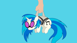 Size: 3840x2160 | Tagged: safe, alternate character, alternate version, artist:duran301, dj pon-3, vinyl scratch, series:pack a pony, g4, blue background, carrying, hand, high res, simple background, solo