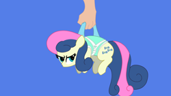 Size: 3840x2160 | Tagged: safe, alternate character, alternate version, artist:duran301, bon bon, sweetie drops, series:pack a pony, g4, blue background, carrying, hand, high res, simple background, solo
