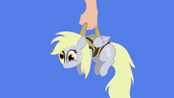 Size: 3840x2160 | Tagged: safe, alternate character, alternate version, artist:duran301, derpy hooves, series:pack a pony, g4, blue background, carrying, hand, high res, simple background, solo