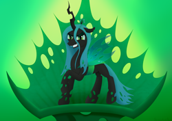 Size: 3508x2480 | Tagged: safe, artist:samenandsam, queen chrysalis, changeling, changeling queen, g4, to where and back again, chrysalis' throne, crown, evil grin, female, green background, grin, high res, jewelry, looking at you, mare, regalia, simple background, smiling, solo, spread wings, throne, wings