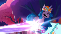 Size: 3072x1727 | Tagged: safe, screencap, izzy moonbow, pony, unicorn, g5, my little pony: tell your tale, the rise and fall, spoiler:g5, spoiler:my little pony: tell your tale, spoiler:tyts01e67, eyes closed, female, helmet, mare, motorcycle, open mouth, solo