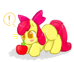 Size: 942x794 | Tagged: safe, artist:jiji-da-cool, apple bloom, earth pony, pony, worm, g4, apple, blushing, exclamation point, female, filly, foal, food, simple background, white background