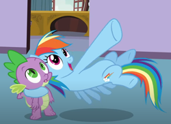 Size: 838x610 | Tagged: safe, screencap, rainbow dash, spike, dragon, pegasus, pony, g4, spike at your service, belly, cropped, duo, flying, open mouth, open smile, round belly, smiling, x x everywhere
