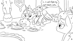 Size: 1200x675 | Tagged: safe, artist:pony-berserker, princess celestia, princess luna, pony-berserker's twitter sketches, pony-berserker's twitter sketches (2023), g4, alicorn metabolism, cake, cakelestia, cakeluna, crown, digestion without weight gain, eating, folded wings, food, hoof shoes, implied stuffing, jewelry, princess shoes, regalia, slender, stuffing, that pony sure does love cakes, thin, wings