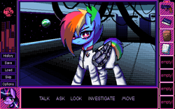 Size: 1920x1200 | Tagged: safe, artist:menalia, rainbow dash, twilight sparkle, pegasus, pony, unicorn, g4, alternate universe, building, bust, city, clothes, cybernetic wings, cyberpunk, dithering, eye scar, facial scar, female, gun, mare, moon, note, paper, pc-98, pixel art, planet, portrait, scar, space, spaceship, stars, style emulation, suit, text, unicorn twilight, visual novel, weapon, wings, wires