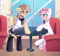 Size: 1746x1638 | Tagged: safe, artist:arllistar, oc, oc only, oc:dandelion "buttercup", oc:sweet irony, pony, apron, bipedal, clothes, drink, duo, duo female, female, floppy ears, glass eye, grin, heterochromia, lesbian, looking at each other, looking at someone, maid, mare, serving tray, smiling, smiling at each other, socks, stockings, table, thigh highs, waitress