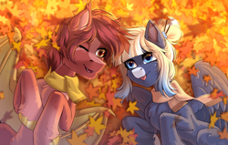 Size: 4500x2857 | Tagged: safe, artist:hakaina, oc, oc only, oc:kimono silk, oc:meteor glow, bat pony, pegasus, pony, :p, autumn, bat pony oc, belly, blaze (coat marking), clothes, coat markings, concave belly, couple, cute, duo, duo male and female, facial markings, fangs, female, fluffy, gradient mane, hooves, hooves to the chest, leaves, looking at each other, looking at someone, lying down, male, mare, one eye closed, pegasus oc, prone, scarf, shipping, slender, stallion, thin, tongue out, unshorn fetlocks, white muzzle
