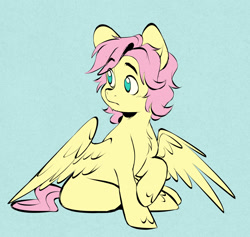Size: 1280x1211 | Tagged: safe, artist:chub-wub, fluttershy, pegasus, pony, g4, alternate hairstyle, chest fluff, cute, looking away, no pupils, nonbinary, partially open wings, raised hoof, short hair, shyabetes, sitting, solo, textured background, turned head, wings