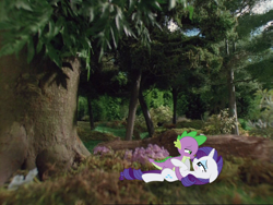 Size: 1438x1080 | Tagged: safe, artist:georgegarza01, rarity, spike, dragon, pony, unicorn, g4, blushing, dialogue in the description, eyelashes, eyeshadow, female, floppy ears, forest, grin, henry's forest, lidded eyes, looking at each other, looking at someone, lying down, makeup, male, mare, nature, ship:sparity, shipping, smiling, smiling at each other, straight, thomas the tank engine, tree