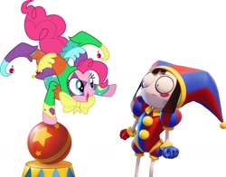 Size: 1608x1259 | Tagged: safe, pinkie pie, earth pony, humanoid, pony, g4, 2d, 3d, animate object, ball, crossover, doll, duo, duo female, female, hat, jester, jester hat, jester outfit, jester pie, living doll, mare, pomni, simple background, the amazing digital circus, toy, white background