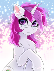 Size: 1900x2500 | Tagged: safe, artist:hakaina, oc, oc only, pony, unicorn, abstract background, belly, chest fluff, colored, concave belly, ear fluff, eyebrows, eyebrows visible through hair, eyelashes, fluffy, frown, glasses, high res, horn, leg fluff, looking at you, quadrupedal, raised hoof, shading, signature, sitting, slender, solo, thin, three quarter view, unicorn oc, unshorn fetlocks, white coat