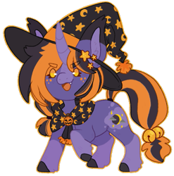 Size: 499x505 | Tagged: safe, artist:wytchwoods, oc, oc only, oc:hocus pocus, pony, unicorn, >:3, blaze (coat marking), coat markings, colored eartips, colored hooves, curved horn, cute, cute little fangs, ear fluff, ear tufts, facial markings, fangs, freckles, golden eyes, hat, horn, jingle bells, raised hoof, simple background, socks (coat markings), solo, standing, transparent background, unicorn oc, witch hat