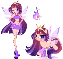 Size: 2820x2664 | Tagged: safe, artist:gihhbloonde, human, pony, unicorn, equestria girls, g4, ahoge, arm warmers, augmented wings, bare midriff, bare shoulders, belly button, bloom (winx club), blue eyes, boots, closed mouth, clothes, crossover fusion, crown, fairy wings, female, fusion, fusion:twilight sparkle, gradient hair, gradient mane, gradient tail, hand on hip, high heel boots, high heels, high res, jewelry, lightly watermarked, lipstick, long hair, long mane, looking at you, mare, raised hoof, regalia, self paradox, self ponidox, shoes, simple background, skirt, sleeveless, smiling, sparkly, sparkly wings, standing, tail, tiara, transparent background, watermark, wings, winx club