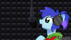 Size: 1920x1080 | Tagged: safe, artist:tcgamebot, oc, oc only, oc:sunrise heaven, earth pony, pony, argentina, clothes, female, headphones, microphone, open mouth, recording studio, resistencia brony, smiling, solo, studio