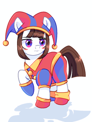 Size: 1536x2048 | Tagged: safe, artist:diniarvegafinahar, doll pony, earth pony, object pony, original species, pony, animate object, blush sticker, blushing, doll, eye clipping through hair, female, hat, hoof shoes, jester, jester hat, jester outfit, living doll, mare, pomni, ponified, ponmi, raised hoof, shadow, simple background, solo, the amazing digital circus, toy, white background