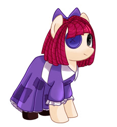 Size: 740x804 | Tagged: safe, artist:diniarvegafinahar, doll pony, earth pony, hagwarders, object pony, original species, pony, bow, button eyes, clothes, doll, dress, female, hair bow, living doll, mare, mismatched eyes, patch, ponified, ragatha, ragdoll, simple background, solo, the amazing digital circus, white background
