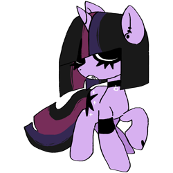 Size: 1300x1300 | Tagged: safe, artist:cutiesparke, twilight sparkle, pony, unicorn, g4, alternate color palette, alternate cutie mark, alternate hairstyle, arm band, black sclera, bobcut, choker, chokertwi, collar, covered eyes, ear piercing, earring, female, goth, gritted teeth, hoof heart, jewelry, piercing, raised hoof, short hair, simple background, solo, standing, teeth, transparent background, underhoof, unicorn twilight