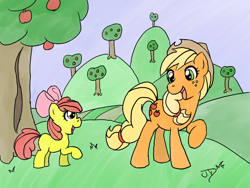 Size: 800x600 | Tagged: safe, artist:jd86, apple bloom, applejack, earth pony, pony, g4, apple, apple sisters, female, filly, foal, food, mare, siblings, sisters, tree