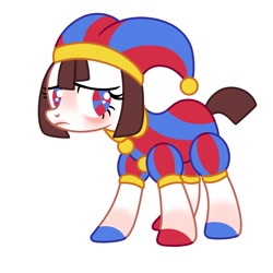 Size: 1280x1280 | Tagged: safe, artist:dreamybae, artist:ritzz_che3se, doll pony, earth pony, object pony, original species, pony, g4, animate object, base used, blushing, colored hooves, doll, female, hat, jester, jester hat, jester outfit, living doll, mare, pomni, ponified, ponmi, simple background, solo, the amazing digital circus, toy, white background