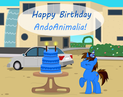 Size: 11000x8653 | Tagged: safe, artist:creedyboy124, oc, oc only, oc:andrew, pony, unicorn, g4, cake, car, food, happy birthday, hat, male, party hat, solo, table
