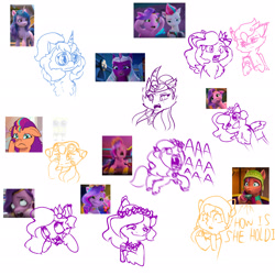Size: 2048x2048 | Tagged: safe, artist:k1ttygam3r, screencap, izzy moonbow, opaline arcana, pipp petals, sunny starscout, zipp storm, alicorn, earth pony, pegasus, pony, unicorn, bridlewoodstock (make your mark), family trees, g5, my bananas, my little pony: make your mark, my little pony: make your mark chapter 1, my little pony: make your mark chapter 3, my little pony: make your mark chapter 4, my little pony: make your mark chapter 5, my little pony: tell your tale, nightmare on mane street, sunny side up, winter wishday, spoiler:g5, spoiler:my little pony: make your mark, spoiler:my little pony: make your mark chapter 4, spoiler:my little pony: make your mark chapter 5, spoiler:my little pony: tell your tale, spoiler:mymc04e01, spoiler:mymc04e04, spoiler:mymc05e06, spoiler:tyts01e21, spoiler:winter wishday, aaaaaaaaaa, adorapipp, cute, dexterous hooves, episode needed, faic, female, frown, glasses, high res, hoof hold, how do hooves work?, izzy moodbow, magnetic hooves, mare, monochrome, open mouth, pipp petals is best facemaker, redraw, sad, sadorable, screencap reference, simple background, sketch, sketch dump, smiling, sunnybetes, text, tired, tired eyes