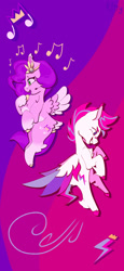 Size: 946x2048 | Tagged: safe, artist:k1ttygam3r, pipp petals, zipp storm, pegasus, pony, g5, duo, female, flying, music notes, royal sisters (g5), siblings, sisters, smiling, spread wings, vertical, wings