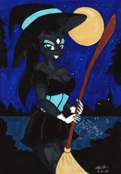 Size: 2074x2985 | Tagged: safe, artist:newyorkx3, oc, oc only, oc:sally, anthro, broom, halloween, high res, holiday, moon, night, solo, traditional art, witch costume