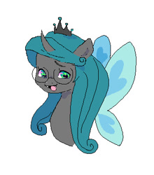 Size: 342x388 | Tagged: safe, artist:xxk1ttyl1tterxx, idw, queen chrysalis, changeling, changeling queen, g4, bust, glasses, looking at you, mirror universe, open mouth, reversalis, simple background, smiling, solo, white background
