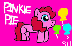 Size: 820x517 | Tagged: safe, artist:stacey-11, pinkie pie, earth pony, pony, g4, 1000 hours in ms paint, balloon, drawing challenge, pink background, simple background, solo