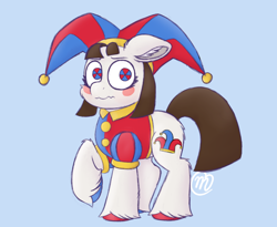 Size: 2034x1668 | Tagged: safe, artist:msaniiart, earth pony, pony, blue background, blush sticker, blushing, butt fluff, cheek fluff, colored hooves, digital art, ear fluff, female, floppy ears, hat, hock fluff, jester, jester hat, jester outfit, leg fluff, looking at you, mare, pomni, ponified, ponmi, raised hoof, signature, simple background, solo, the amazing digital circus, three quarter view, unshorn fetlocks, wavy mouth