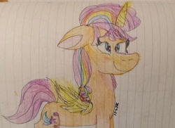 Size: 749x546 | Tagged: safe, artist:starrscout-23, sunny starscout, alicorn, pony, g5, 2022, artificial alicorn, artificial horn, artificial wings, augmented, female, glowing, glowing horn, glowing wings, happy, horn, lined paper, long nose, mane stripe sunny, mare, old art, race swap, signature, sunnycorn, traditional art, wings