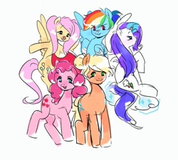 Size: 533x480 | Tagged: safe, artist:xxk1ttyl1tterxx, applejack, fluttershy, pinkie pie, rainbow dash, rarity, earth pony, pegasus, pony, unicorn, g4, magical mystery cure, :p, alternate hairstyle, alternate universe, bandage, cloud, clown, clown nose, flying, group, on a cloud, red nose, remane five, simple background, sitting, sitting on a cloud, smiling, swapped cutie marks, tongue out, white background