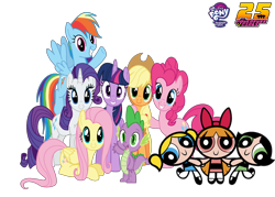 Size: 3500x2500 | Tagged: safe, artist:mlpfan3991, applejack, fluttershy, pinkie pie, rainbow dash, rarity, spike, twilight sparkle, alicorn, dragon, earth pony, human, pegasus, pony, unicorn, g4, applejack's hat, blossom (powerpuff girls), bow, bubbles (powerpuff girls), buttercup (powerpuff girls), cowboy hat, crossover, female, group picture, hair bow, hat, high res, logo, male, my little pony logo, simple background, smiling, superhero, the powerpuff girls, the powerpuff girls 25th anniversary, transparent background, twilight sparkle (alicorn)