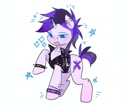 Size: 2048x1724 | Tagged: safe, artist:xxk1ttyl1tterxx, rarity, pony, unicorn, g4, alternate hairstyle, crossed out cutie mark, cutiemarking, ear piercing, open mouth, piercing, punk, raised hoof, raripunk, simple background, solo, spiked wristband, white background, wristband