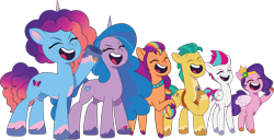 Size: 3086x1578 | Tagged: safe, artist:prixy05, hitch trailblazer, izzy moonbow, misty brightdawn, pipp petals, sunny starscout, zipp storm, earth pony, pegasus, pony, unicorn, g5, lavarynth, my little pony: tell your tale, spoiler:g5, spoiler:my little pony: tell your tale, spoiler:tyts01e62, adorapipp, adorazipp, bracelet, colored wings, cute, diadem, eyebrows, eyes closed, female, folded wings, group, high res, hoof on chest, izzybetes, jewelry, male, mane five, mane six (g5), mane stripe sunny, mare, mistybetes, multicolored wings, open mouth, open smile, physique difference, raised hoof, rebirth misty, regalia, roar, sextet, simple background, smiling, stallion, sunnybetes, transparent background, vector, wings