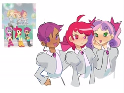 Size: 2048x1538 | Tagged: safe, artist:xxk1ttyl1tterxx, apple bloom, scootaloo, sweetie belle, human, equestria girls, g4, anime, clothes, crossover, cutie mark crusaders, freckles, open mouth, princess tutu, screencap reference, simple background, smiling, white background