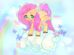 Size: 2047x1535 | Tagged: safe, artist:xxk1ttyl1tterxx, fluttershy, butterfly, pegasus, pony, g4, cloud, rainbow, sky background, smiling, solo, sweat, sweatdrop