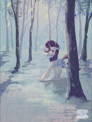 Size: 1620x2160 | Tagged: safe, artist:lendftcn, rarity, pony, unicorn, g4, blushing, breath, female, forest, mare, nature, scenery, signature, solo, tree, winter