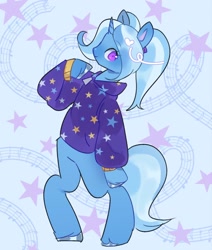 Size: 1734x2048 | Tagged: safe, artist:xxk1ttyl1tterxx, gameloft, trixie, pony, unicorn, g4, my little pony: magic princess, abstract background, alternate hairstyle, babysitter trixie, bipedal, clothes, cute, diatrixes, female, hoodie, mare, pigtails, smiling, solo, twintails