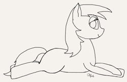 Size: 874x562 | Tagged: safe, artist:alfosto, derpibooru exclusive, oc, earth pony, pony, earth pony oc, female, female oc, looking at you, lying down, mare, mare oc, monochrome, pony oc, prone, signature, simple background, sketch, smiling, solo, white background