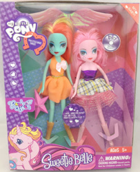 Size: 484x596 | Tagged: safe, rarity (g3), human, pony, unicorn, equestria girls, g3, g4, ages 5+, blatant lies, bootleg, boots, choking hazard, clothes, doll, dress, duo, equestria girls-ified, female, g3 to equestria girls, generation leap, implied rainbow dash, implied sweetie belle, my little baby sweet, my little pony logo, not minty, not pinkie pie, not rarity, not sweetie belle, oh god no, photo, shoes, toy, wall eyed