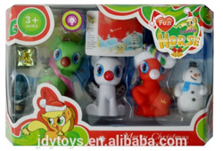 Size: 780x531 | Tagged: safe, applejack, earth pony, pegasus, pony, g4, ages 3+, bootleg, christmas, colored muzzle, fun lovely horse, hat, holiday, jdy toys, photo, santa hat, sitting, snow, snowman, toy